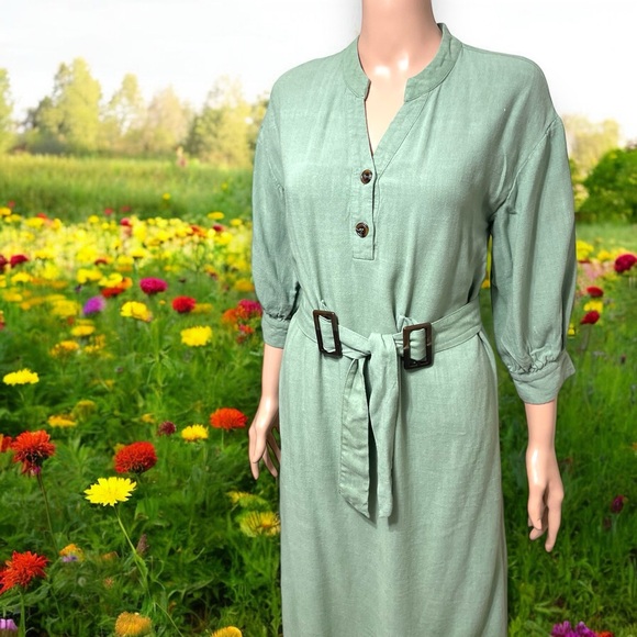 Lulu’s Gwendolen Sage Green Belted Midi Shift Dress - Picture 9 of 16